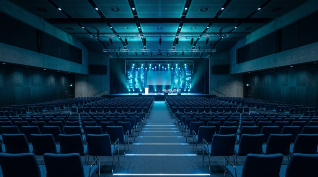 Een moderne congreszaal met stoelenrijen richting het verlichte podium