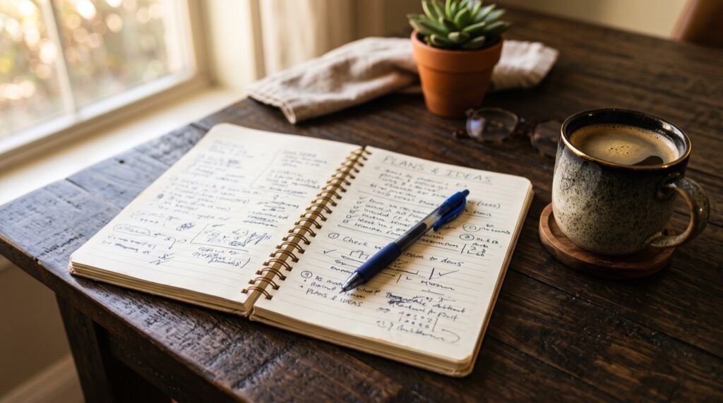 Een open draaiboek met notities, de voorbereiding van een dagvoorzitter