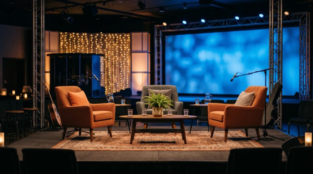 Een intieme talkshow-opstelling met loungestoelen op het podium