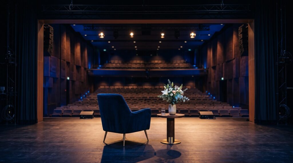 Een sfeervol theaterpodium met een fauteuil, klaar voor de dagvoorzitter