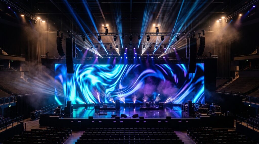 Een podium met een groot LED-scherm en spotlights tijdens een event